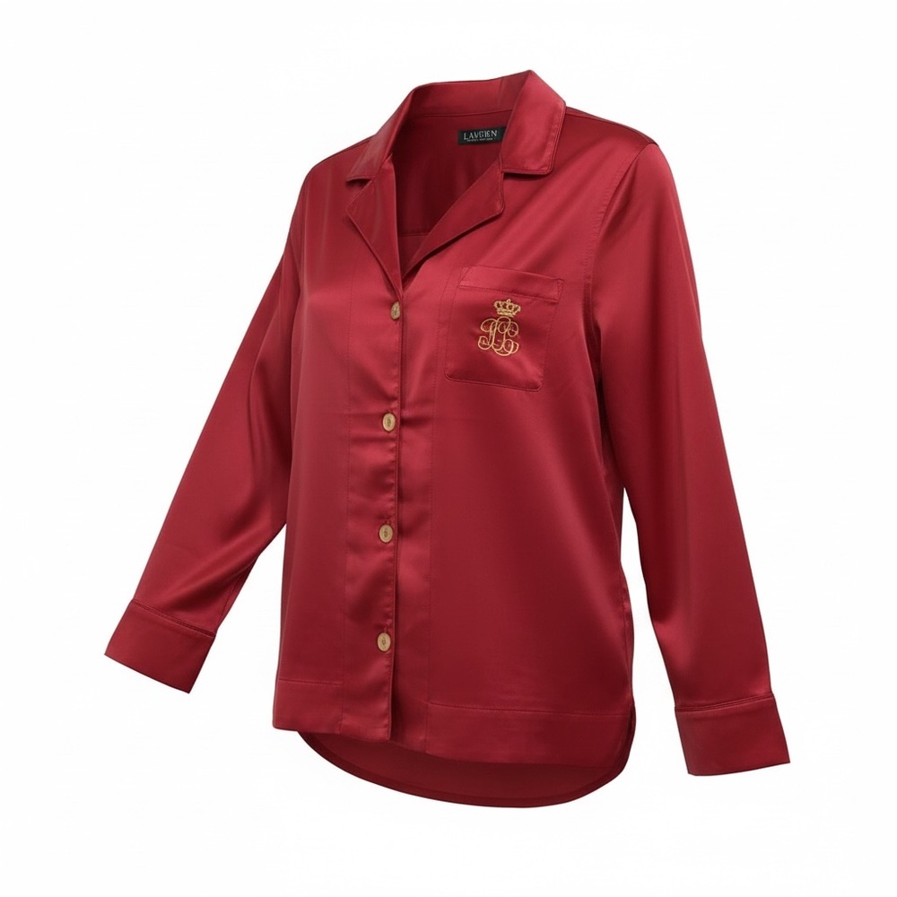 Lauren Ralph Lauren Intimates PJ Top Red Button Up LS Embroidered Logo Top Only